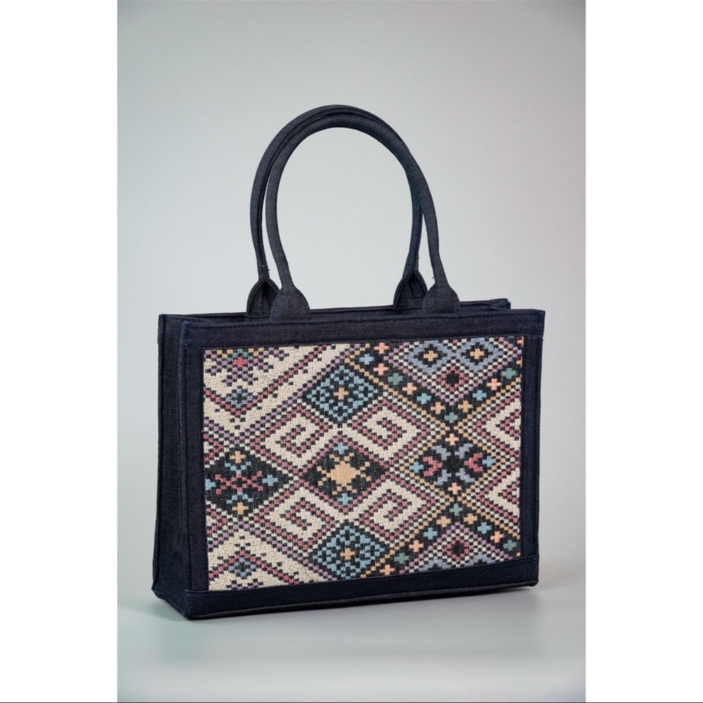 Denim Book Tote Bag with Ethnic Print